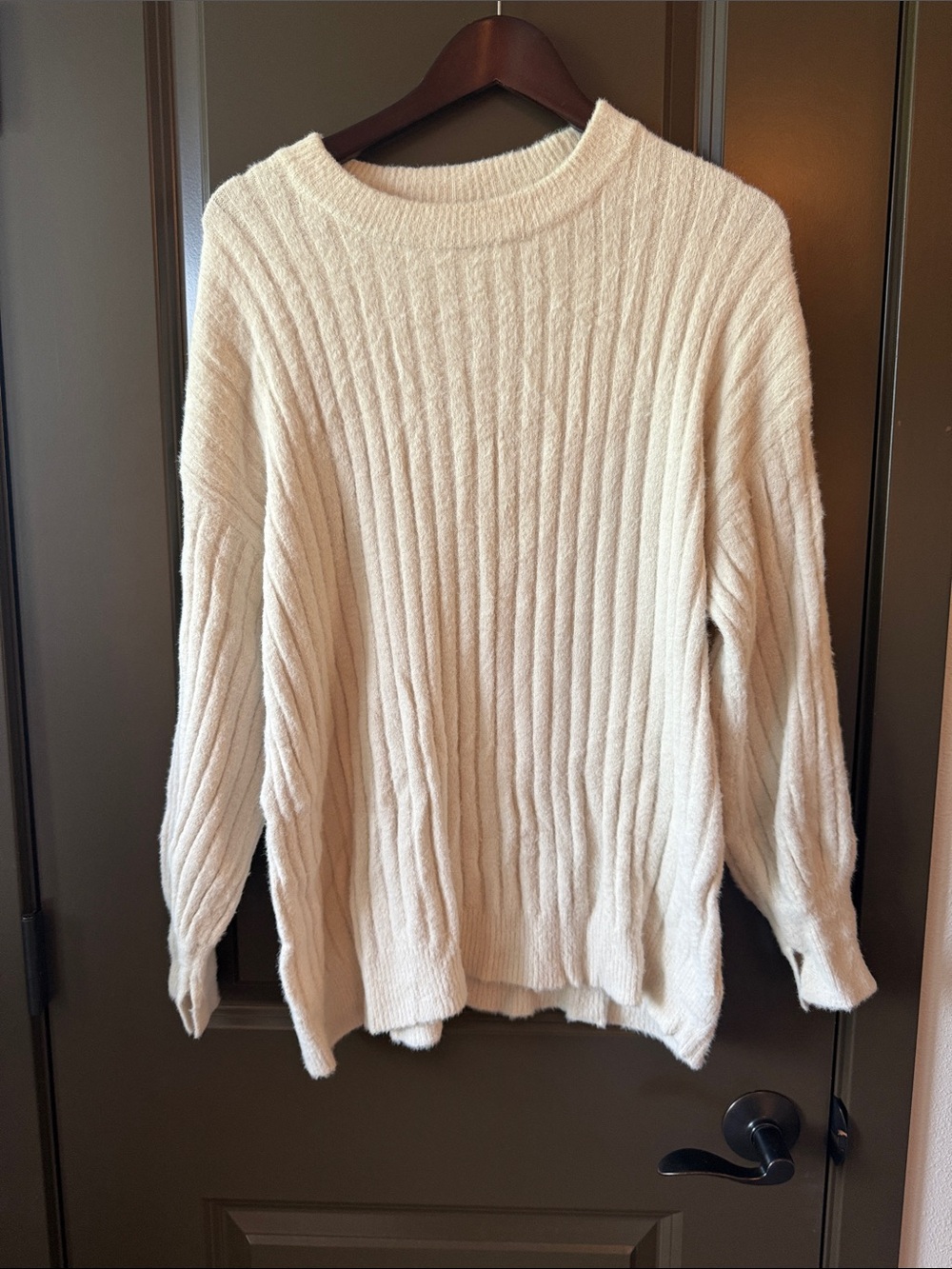 aerie Cream Ribbed Crewneck Sweater